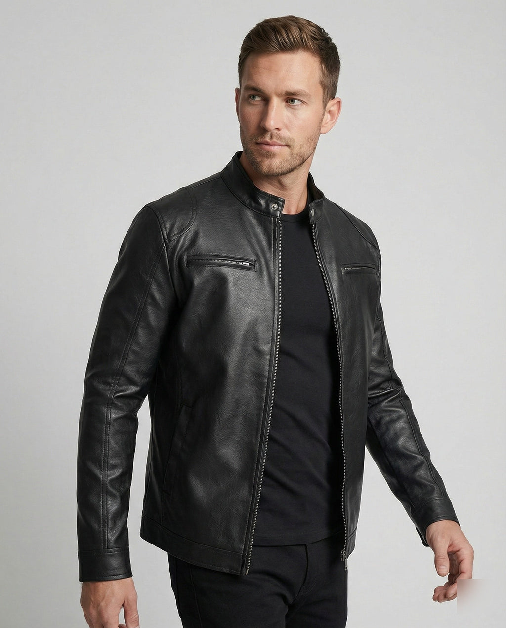 Herren Elegante Kunstlederjacke mit Steppdetails