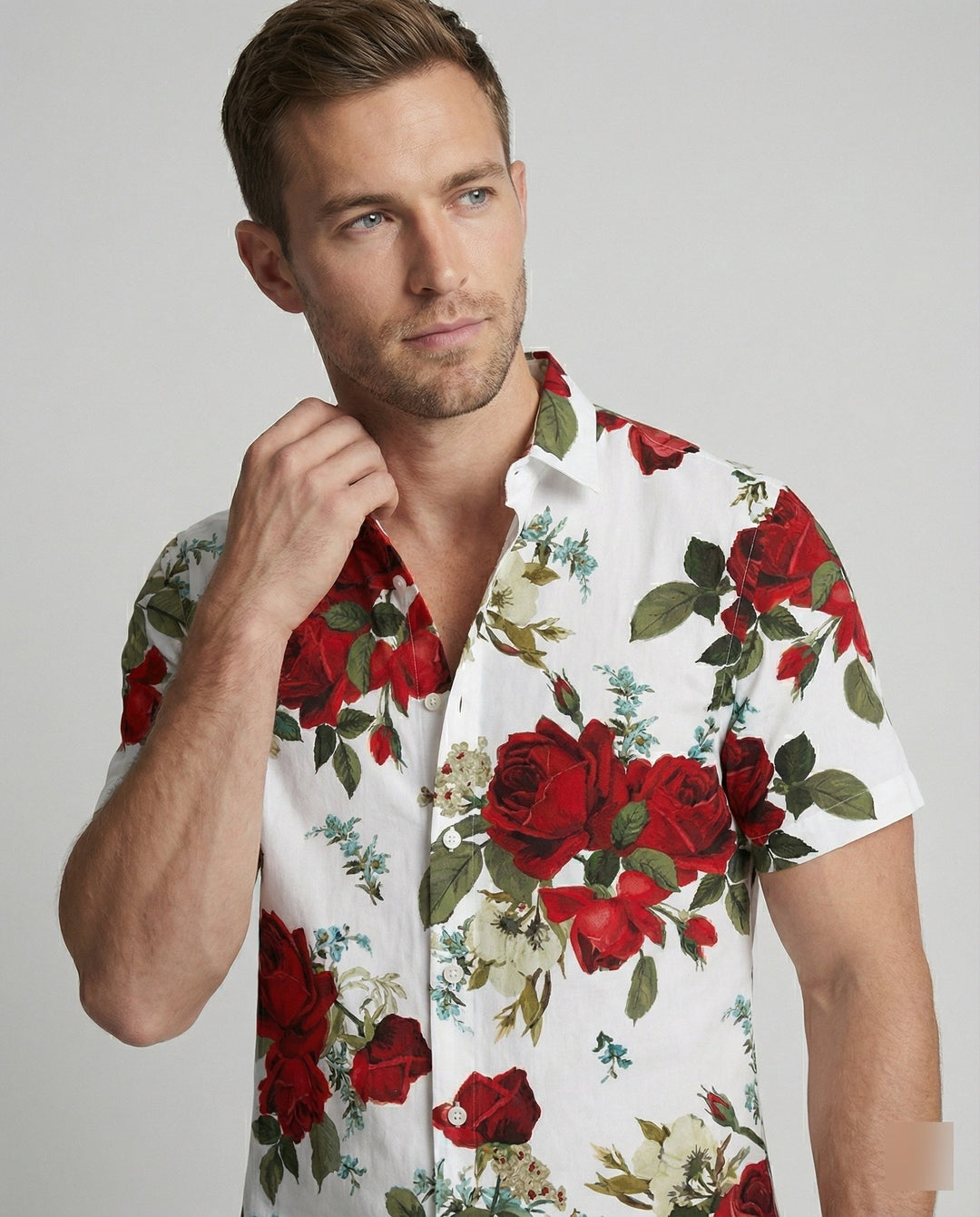 Kurzarmhemd Herren Blumenmuster Leinenoptik