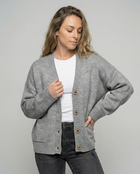Strickjacke Damen lässig mit Knopfverschluss und großen Taschen