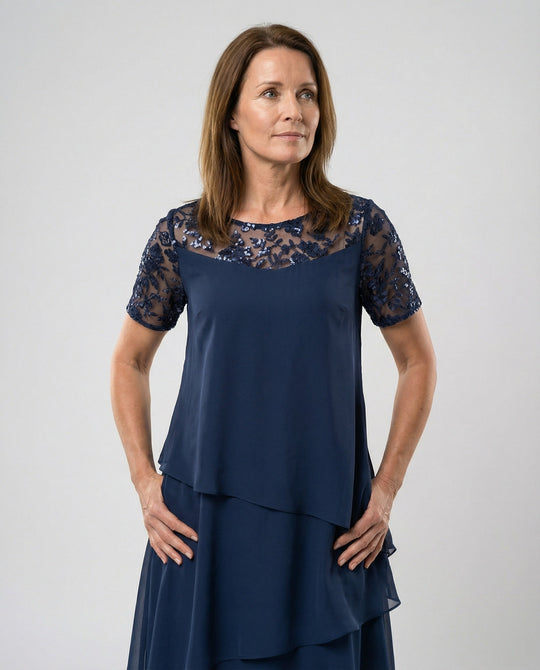 Damen Elegantes Schichtkleid mit Spitzenärmel und asymmetrischem Saum