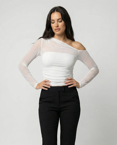 Damen Elegantes asymmetrisches Oberteil mit schulterfreiem Design und Raffung