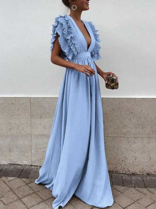 Elegantes Kleid mit V-Ausschnitt und Rüschensäumen