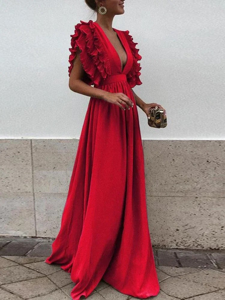 Elegantes Kleid mit V-Ausschnitt und Rüschensäumen