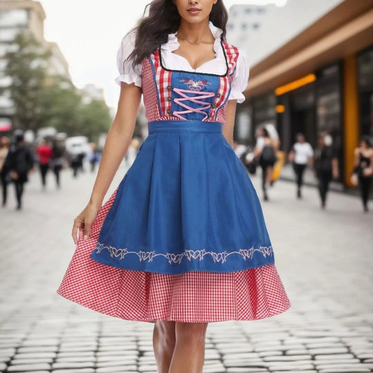 Oktoberfest Dirndl mit kariertem Muster und kurzen Ärmeln