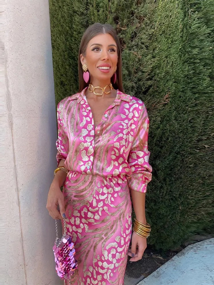 Satiniertes Bedrucktes Midi Kleid mit Langen Ärmeln für Damen