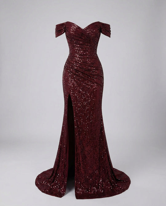 Glitzerndes Damen Abendkleid Schulterfreies Maxikleid mit Schlitz für Hochzeit & Fest | ShopNory