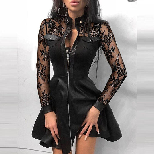 Leder-Reißverschluss Minikleid