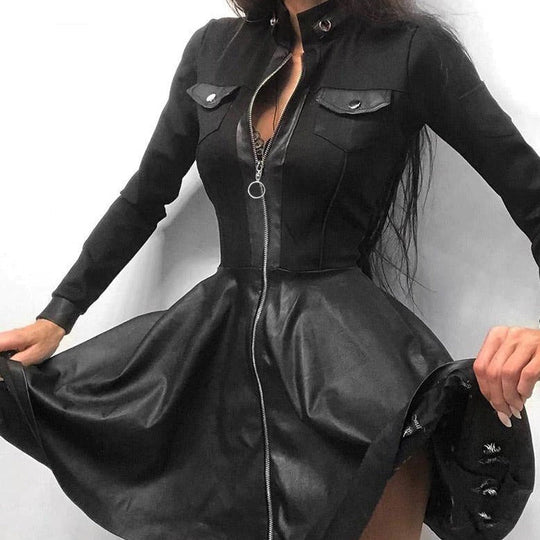 Leder-Reißverschluss Minikleid