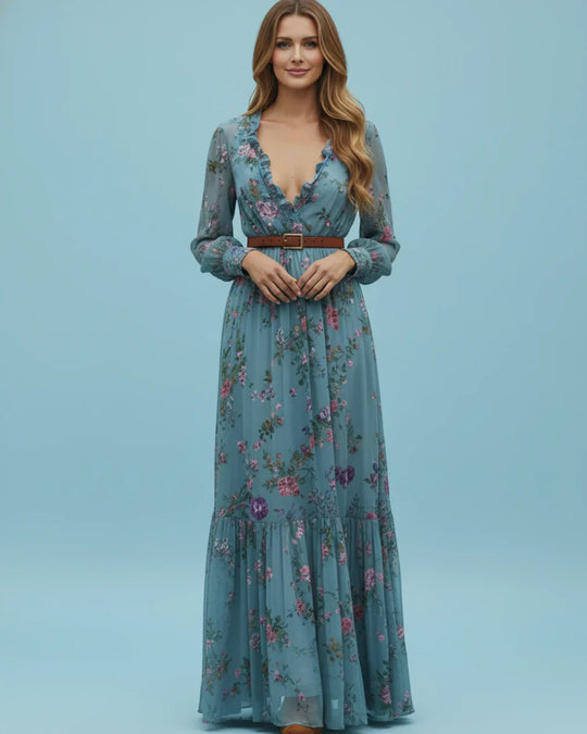 Boho Damen Maxikleid mit Niedrigem V-Ausschnitt und Langarm | ShopNory