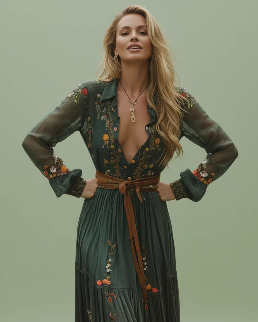 Boho Damen Maxikleid mit Niedrigem V-Ausschnitt und Langarm | ShopNory