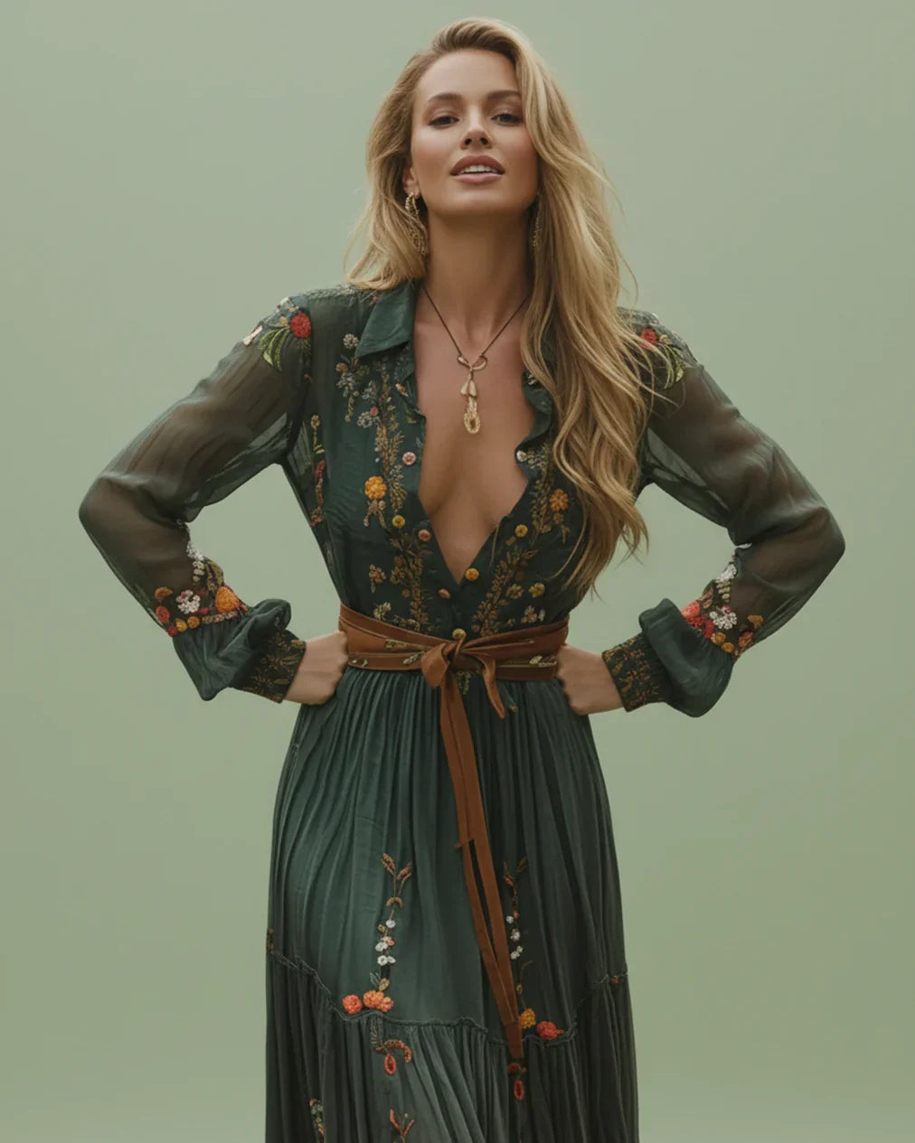 Boho Damen Maxikleid mit Niedrigem V-Ausschnitt und Langarm | ShopNory
