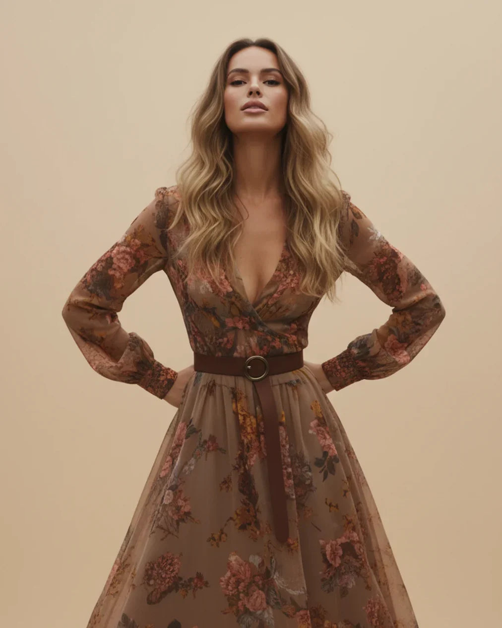 Boho Damen Maxikleid mit Niedrigem V-Ausschnitt und Langarm | ShopNory