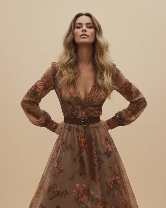 Boho Damen Maxikleid mit Niedrigem V-Ausschnitt und Langarm | ShopNory