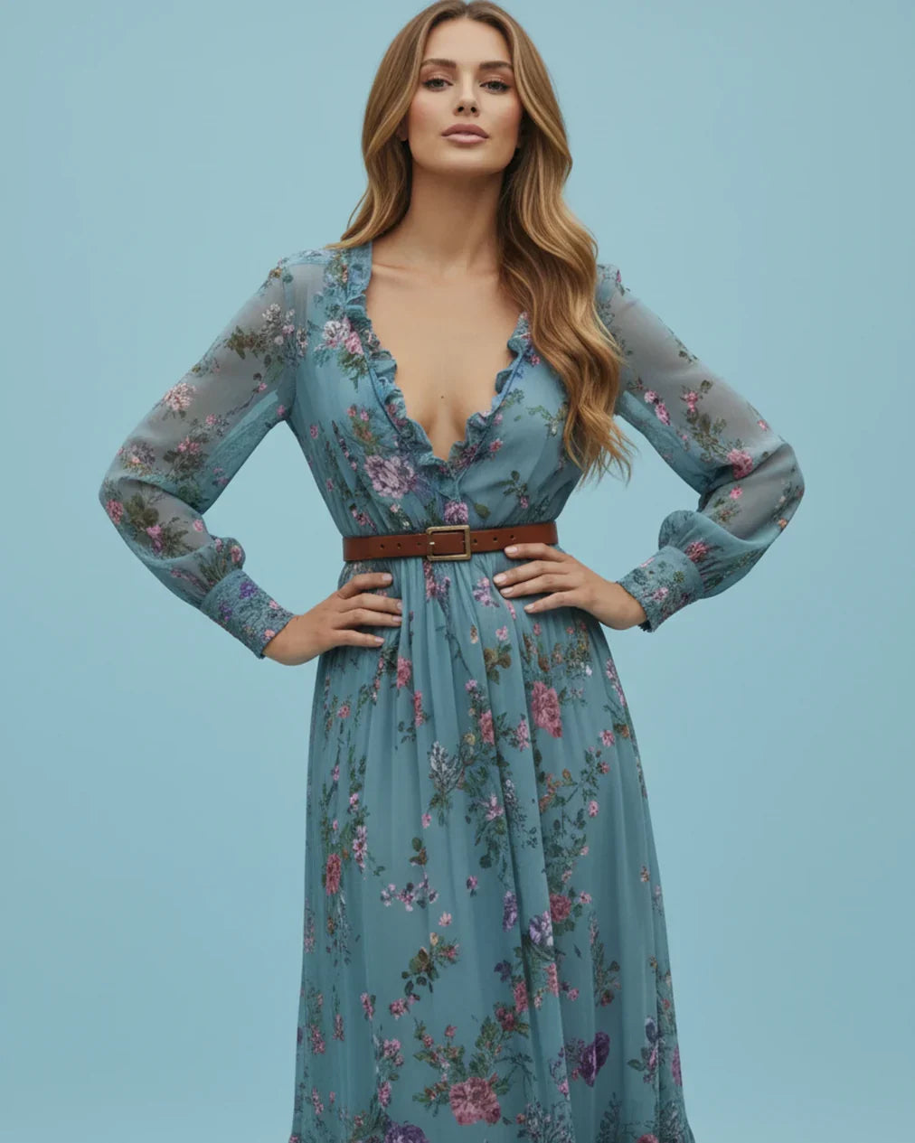 Boho Damen Maxikleid mit Niedrigem V-Ausschnitt und Langarm | ShopNory