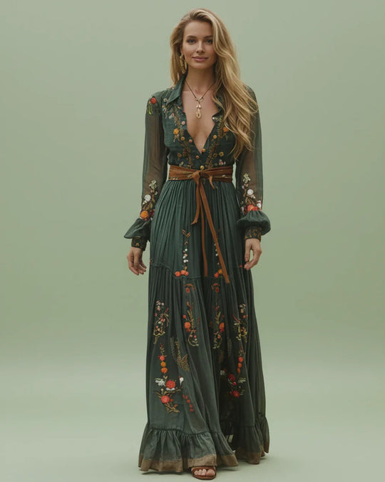 Boho Damen Maxikleid mit Niedrigem V-Ausschnitt und Langarm | ShopNory