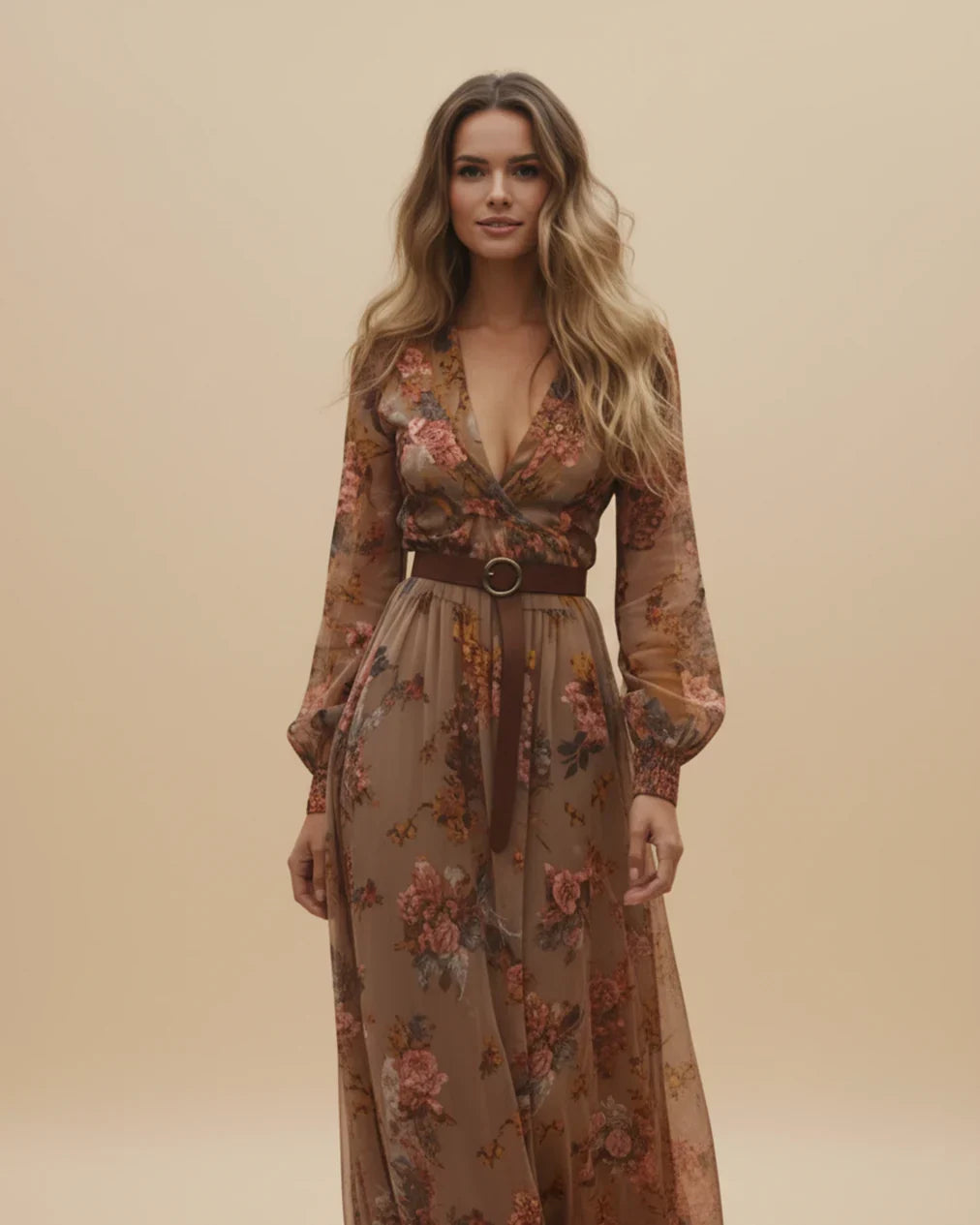 Boho Damen Maxikleid mit Niedrigem V-Ausschnitt und Langarm | ShopNory