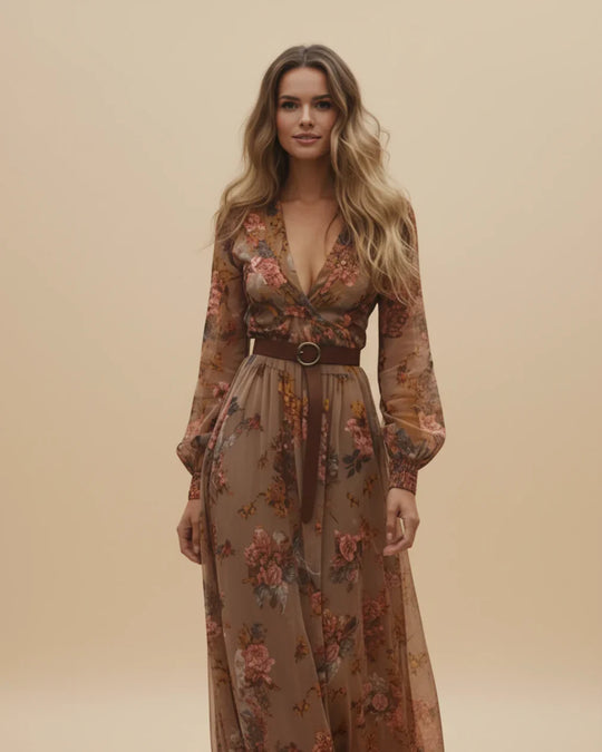 Boho Damen Maxikleid mit Niedrigem V-Ausschnitt und Langarm | ShopNory