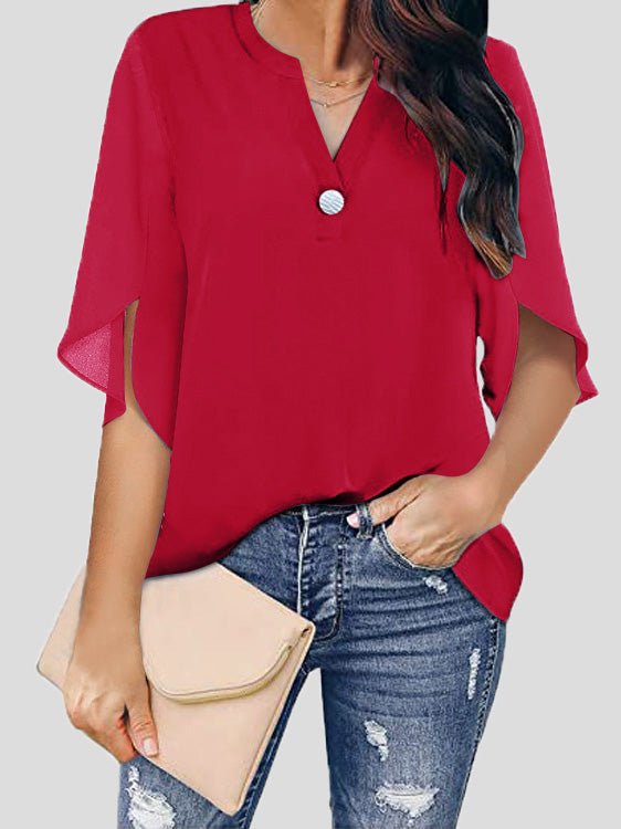 Frauen Blusen Lässig V-Ausschnitt Kurzarm Chiffon Bluse