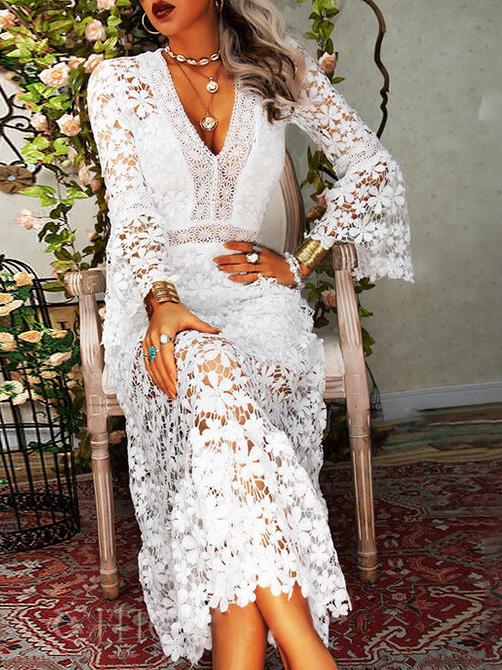 Damen Kleider Hollow Lace V-Ausschnitt Langarm Kleid