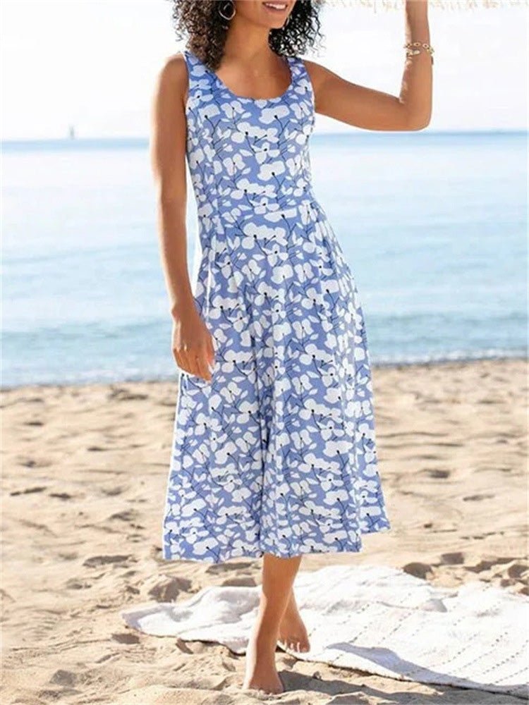 Frauen Kleider Rundhals Blumengemustertes Ärmelloses Kleid