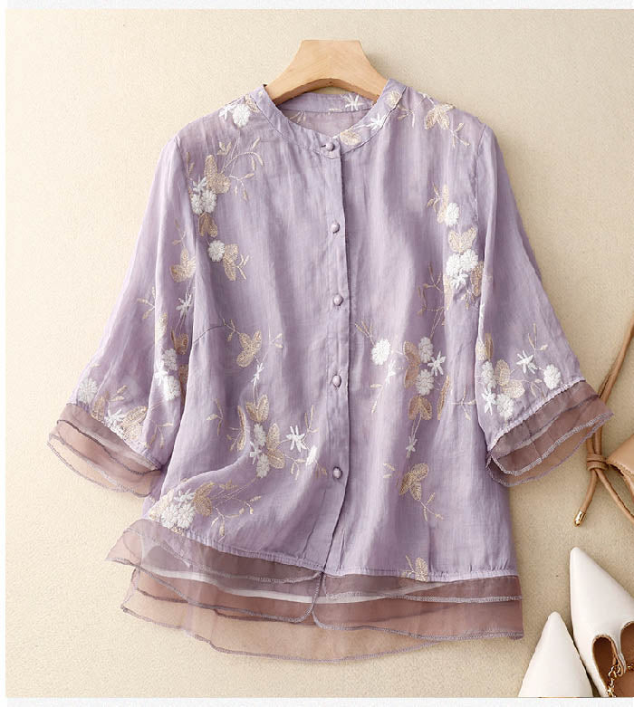 Bestickte Baumwoll Leinen Bluse