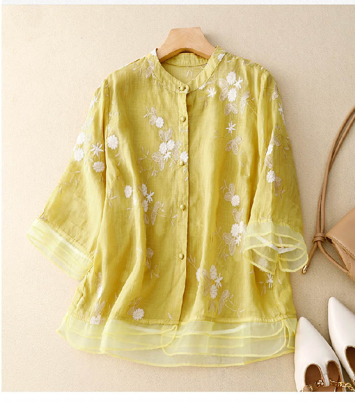 Bestickte Baumwoll Leinen Bluse
