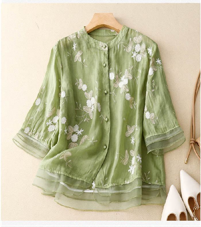 Bestickte Baumwoll Leinen Bluse