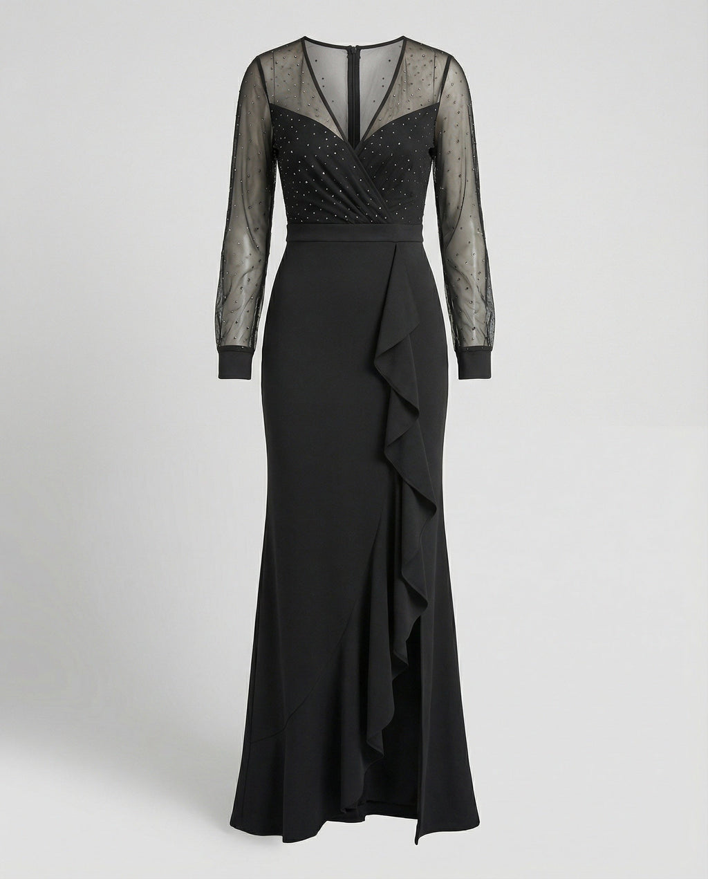 Langes, Glänzendes, Mit Pailletten Gerüschtes, Elegantes Abendkleid In Schwarz