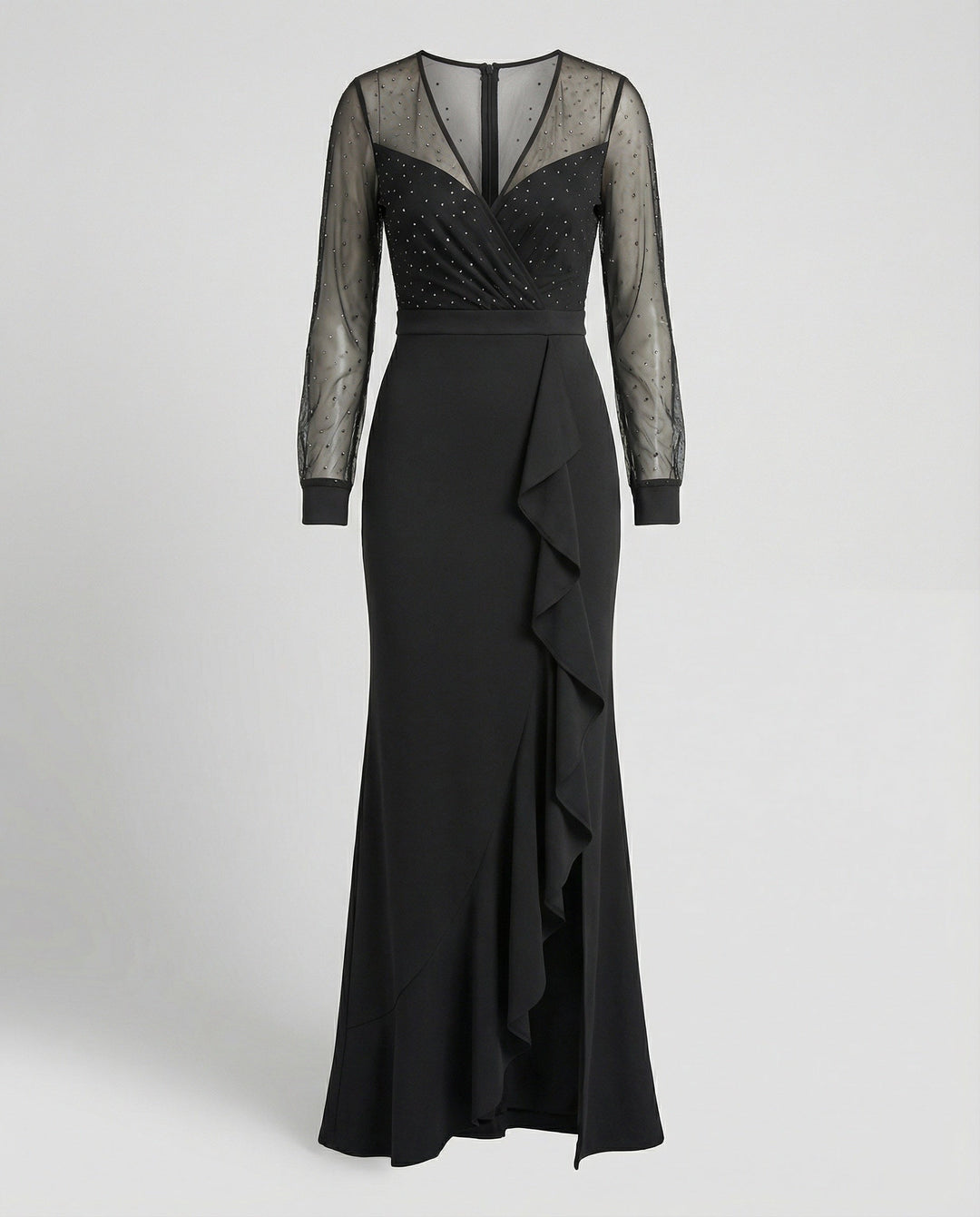 Langes, Glänzendes, Mit Pailletten Gerüschtes, Elegantes Abendkleid In Schwarz