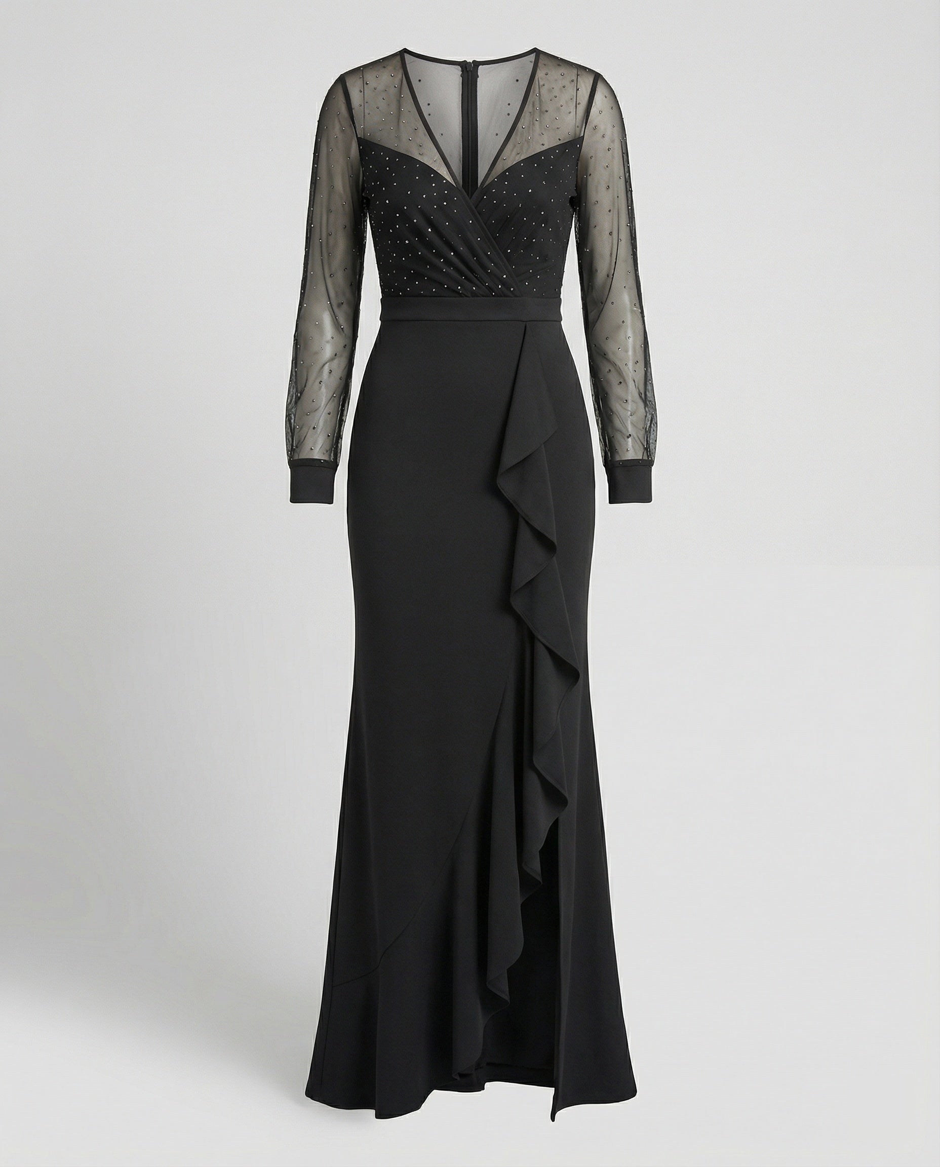 Langes, Glänzendes, Mit Pailletten Gerüschtes, Elegantes Abendkleid In Schwarz