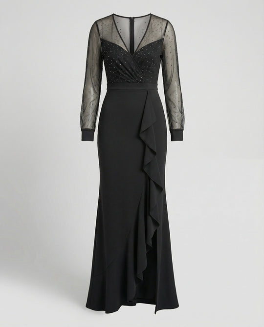Langes, Glänzendes, Mit Pailletten Gerüschtes, Elegantes Abendkleid In Schwarz