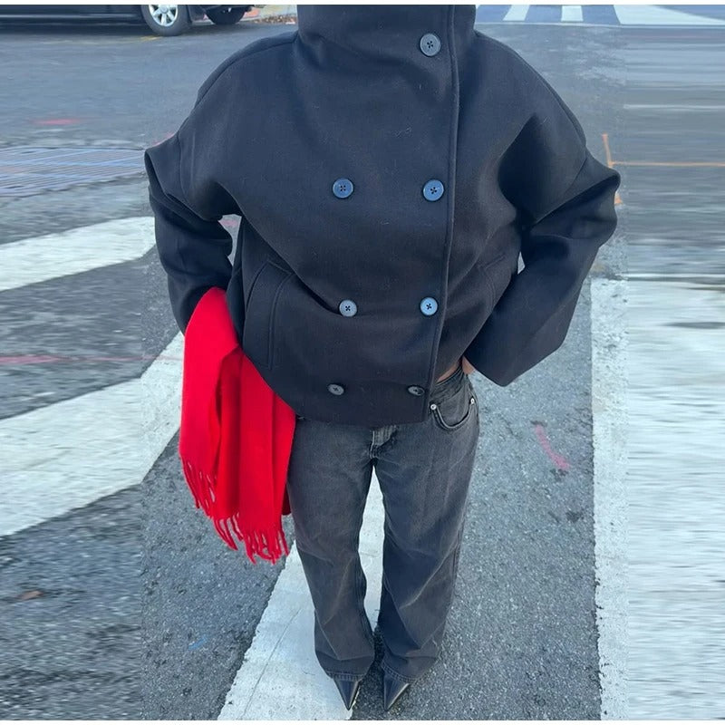 Wollmischung Jacke mit Hohem Kragen und Knöpfen