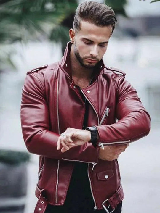 Reißverschluss Männer Leder Bikerjacke