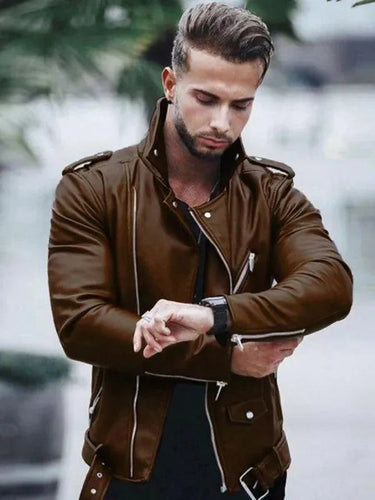 Reißverschluss Männer Leder Bikerjacke